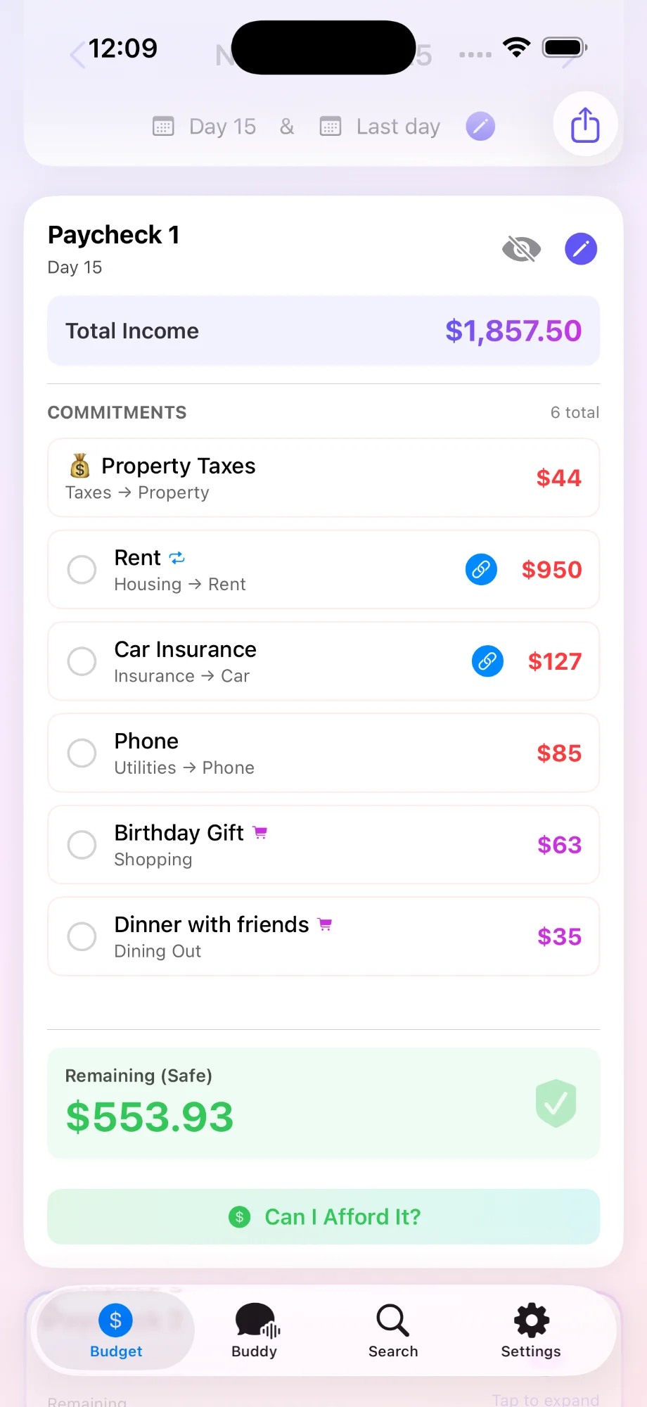 Budget view showing dual paychecks with Can I Afford It button