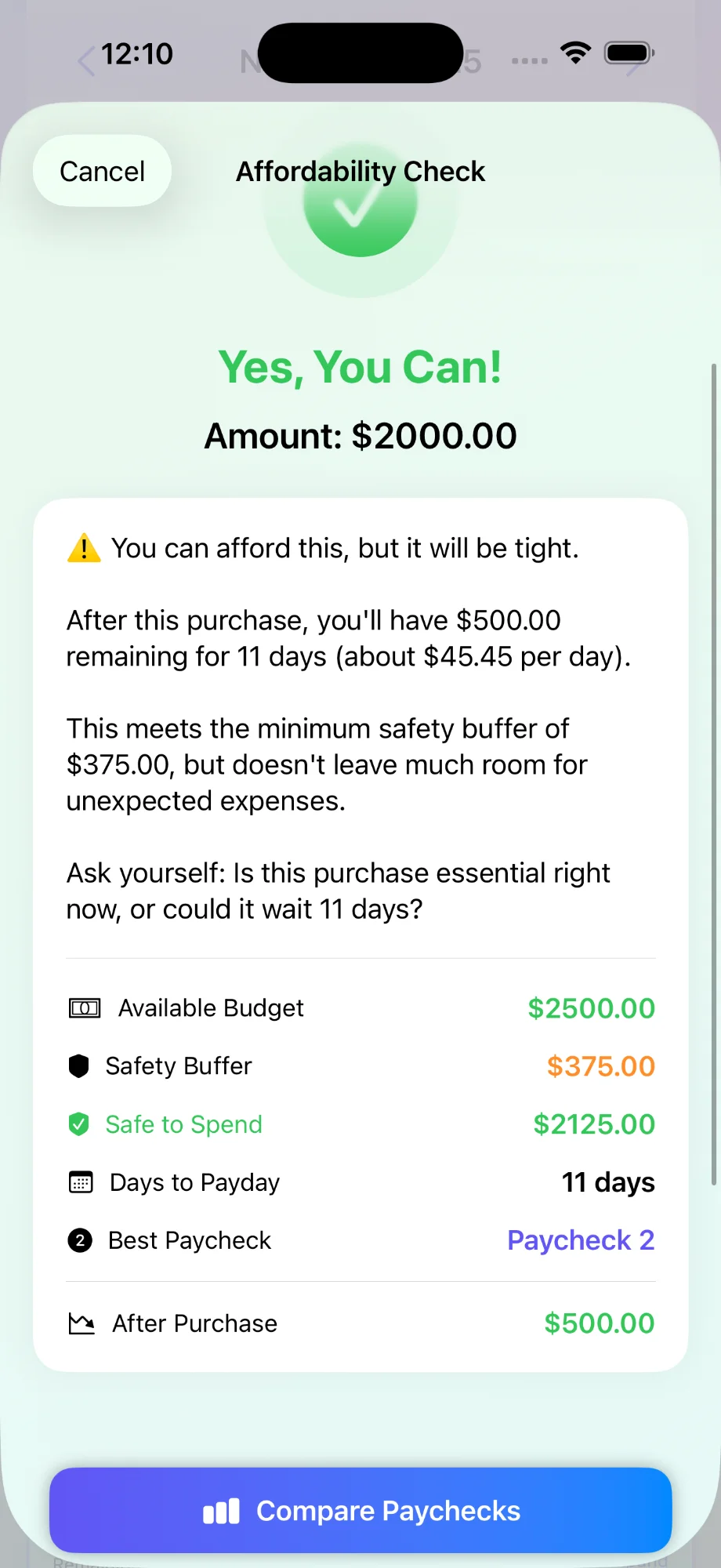 Can I Afford It feature showing detailed affordability breakdown
